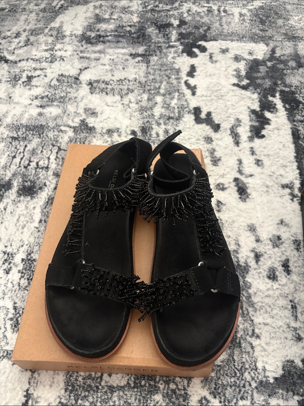 Kelsi Dagger Black Beaded Ankle-Strap Sandals